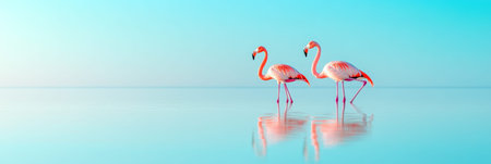 Two pink flamingos are wading in the shallow, reflective waters of a lagoon at dawn, creating a serene and colorful scene, perfect for nature and wildlife themesの素材
