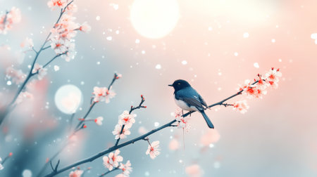 Small bird with black head and blue body perched on a blooming cherry blossom branch in soft pastel colors with gentle bokeh and falling petals, creating a serene and dreamy atmosphereの素材
