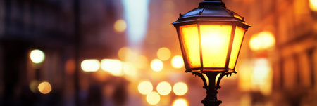 Warm light radiating from a street lamp softly illuminating a blurry city street creates a dreamy and nostalgic atmosphere, evoking feelings of tranquility and romance during the eveningの素材