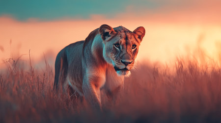 Majestic lioness walks through tall grass in the african savanna, the warm hues of the setting sun casting a golden glow on her fur as she surveys her surroundingsの素材