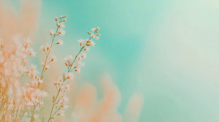 White wildflowers growing against a dreamy pastel colored background with a teal and orange gradient creating a soft and romantic atmosphereの素材