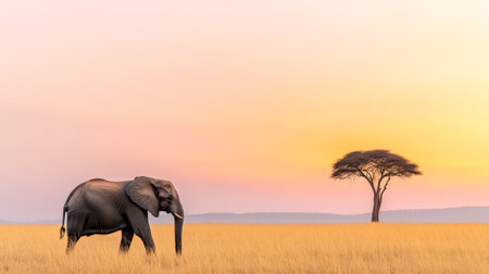 Majestic elephant walking gracefully through the savannah at sunset, with a stunning acacia tree silhouetted against a vibrant orange and pink sky, creating a serene atmosphereの素材