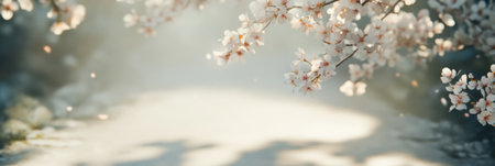 Gentle sunlight filters through delicate cherry blossoms, creating a dreamy atmosphere as petals gracefully fall, covering the ground in a soft blanket of white in a serene natural landscapeの素材