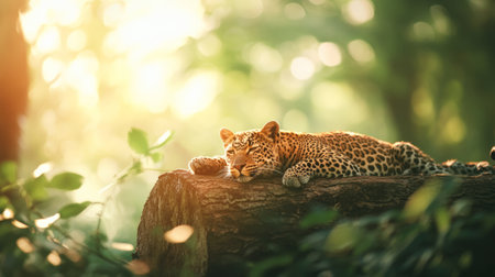 Beautiful leopard is resting peacefully on a log in the jungle, enjoying the warm glow of the setting sun, a captivating scene of wildlife in its natural habitatの素材