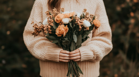 Woman wearing a beige sweater holding a bouquet of orange and white flowers with some dried flowers mixed in, standing outdoors in autumn with a blurred backgroundの素材