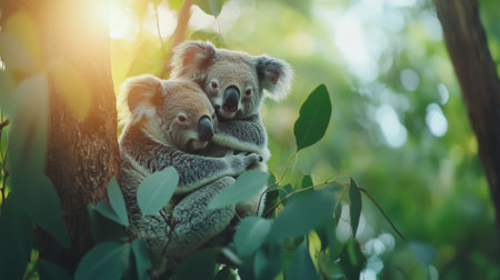 Two koalas cuddling on a eucalyptus tree branch, basking in the warm glow of the setting sun, surrounded by vibrant green foliage, embodying love and tranquility in natureの素材