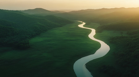 Breathtaking aerial view of a river winding its way through a lush green valley, illuminated by the warm glow of the setting sun, creating a serene and picturesque landscapeの素材