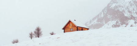 Warm wooden cabin stands on a snowy mountain slope during a cold winter day, bare trees and snow covered mountain peak creating a serene winter landscapeの素材