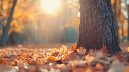 Golden sunlight is streaming through trees in an autumnal park, illuminating fallen leaves gathered at the base of a tree trunk, creating a warm and inviting sceneの素材