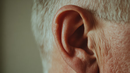 Wrinkled skin and gray hair around the ear indicate aging, highlighting the prevalence of hearing issues in older adults and the need for ear careの素材