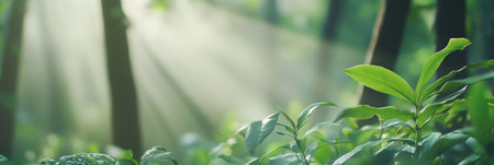 Beams of sunlight penetrate the canopy of a lush forest, illuminating the vibrant green leaves of the undergrowth, creating a serene and magical atmosphereの素材
