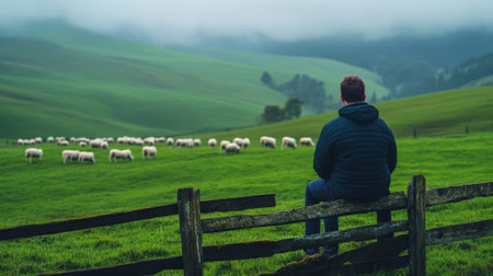 Farmer is sitting on a wooden fence, contemplating his sheep grazing peacefully in a lush green meadow, surrounded by rolling hills and a misty atmosphereの素材