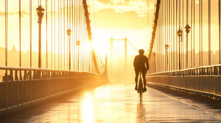 Cyclist is riding a bicycle across a bridge at sunrise, creating a silhouette against the golden light, showcasing a moment of tranquility and athleticismの素材