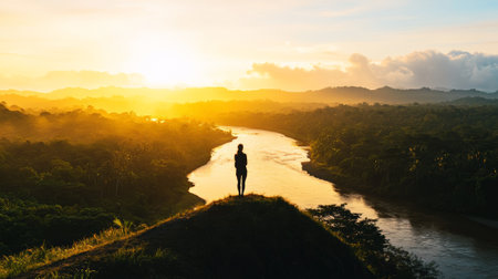 Female hiker stands on a hilltop, silhouetted against the golden light of sunset, overlooking a winding river flowing through a lush tropical rainforest, embracing the tranquility of natureの素材
