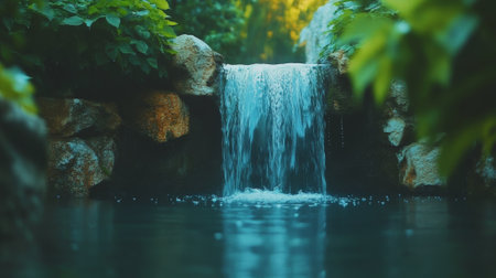 Crystal clear water cascades down mossy rocks, creating a picturesque waterfall that flows into a tranquil pond, surrounded by lush green foliage in a serene forest settingの素材