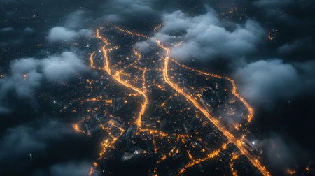 Low clouds are partially covering a large city at night, with street lights and car lights creating bright trails, offering a mesmerizing aerial cityscape viewの素材