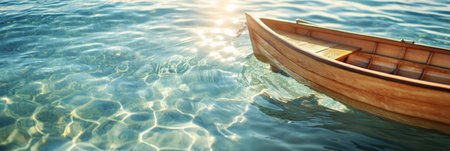 Small wooden boat floating on calm crystal clear turquoise water with beautiful backlight reflections at sunset creating a peaceful and relaxing atmosphereの素材