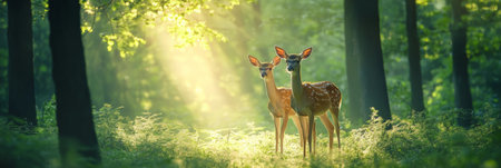Two beautiful fawn deer are standing in a sun drenched forest clearing, surrounded by lush green vegetation and dappled sunlight filtering through the treesの素材