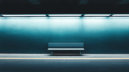 Empty bench sitting on a subway platform, illuminated by soft light against a turquoise wall, creating a serene and minimalist urban scene in a tranquil, low light atmosphereの素材