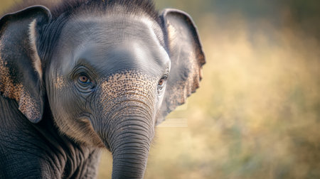 Close up portrait of a young asian elephant calf showcasing the unique freckled pattern on its face, highlighting the beauty and vulnerability of wildlife in their natural habitatの素材