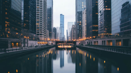 The chicago riverwalk reflects the warm glow of city lights at dusk, creating a picturesque urban scene with modern skyscrapers towering aboveの素材
