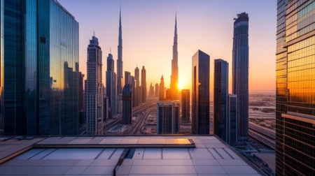 Breathtaking panoramic view of dubais futuristic cityscape at sunset, showcasing the iconic burj khalifa, glistening skyscrapers, and weaving highwaysの素材