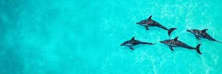 Four dolphins swimming gracefully together in the stunning turquoise waters of a tropical sea, creating a mesmerizing scene filled with vibrant marine wildlife and beautyの素材