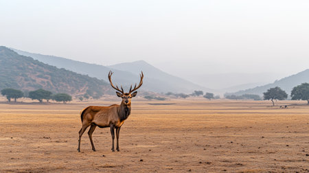 Majestic deer with large antlers standing proudly in a vast, dry meadow, bathed in the warm glow of early morning or late afternoon light, surrounded by rolling hills and sparse treesの素材