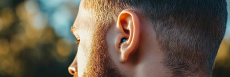 Close up of a mans ear highlighting the importance of attentive listening and auditory perception in communication and environmental awarenessの素材