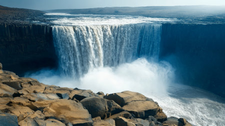 Powerful dettifoss waterfall cascading into jokulsa a fjollum river canyon in vatnajokull national park, iceland, creating a breathtaking display of natures force and beauty on a sunny dayの素材