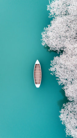 Aerial view capturing a white boat floating serenely on turquoise waters, surrounded by blooming trees, creating a tranquil and picturesque landscape in springtime beautyの素材