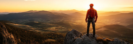 Epic view of a mountaineer standing on a rocky summit, enjoying a breathtaking sunset over a vast mountain range, embracing the tranquility and vastness of natureの素材