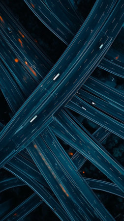 Capturing the intricate complexity of a highway interchange at night, with vehicles flowing through the intersecting roads and illuminating the urban landscapeの素材