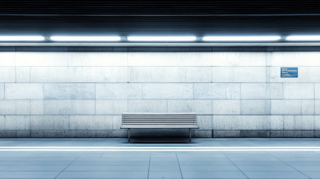 Metal bench resting on subway platform, illuminated by bright lights, creating a clean and futuristic atmosphere in a bustling urban transportation hubの素材