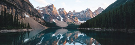 Calm turquoise water of moraine lake mirrors surrounding peaks of canadian rockies in banff national park at sunrise, creating stunning tranquil landscape with coniferous forestの素材