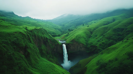 Stunning aerial view of a waterfall cascading down a cliff into a vibrant green valley, surrounded by rolling hills and lush tropical rainforest, creating a breathtaking natural landscapeの素材