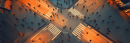 Aerial view of a crossroad with pedestrian crossings, capturing the bustling scene of people navigating the urban landscape during rush hour in a modern cityの素材