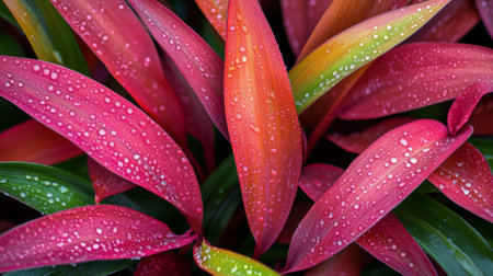 Close up view of glistening dewdrops clinging to vibrant red and green leaves of a ti plant, creating a captivating display of natures beauty after a refreshing rainの素材