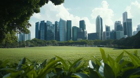 Lush green meadow and trees frame the impressive skyline of singapores financial district, creating a harmonious blend of nature and urban development on a bright, sunny dayの素材