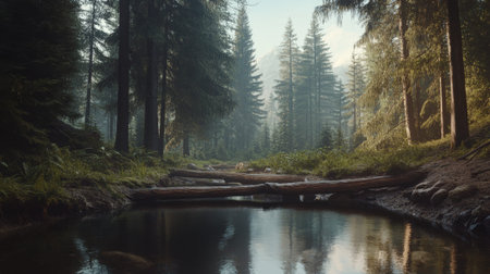 Fallen tree trunks creating a natural bridge over a serene forest stream, surrounded by lush greenery and tall pines, bathed in soft dawn lightの素材