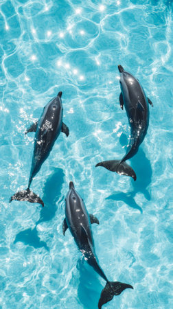 Three dolphins swimming gracefully in clear blue water create a mesmerizing scene, showcasing the beauty of marine wildlife thriving in their natural ocean habitatの素材