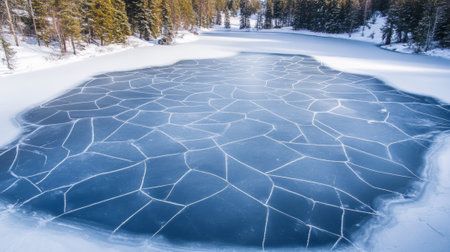 Capturing a beautiful winter landscape featuring a frozen lake with intricate cracks in the ice, surrounded by snow covered trees, creating a stunning and serene natural patternの素材