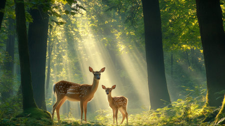 Mother deer and her fawn standing gracefully in a sun drenched forest, surrounded by vibrant greenery and illuminated by the soft, warm glow of morning lightの素材