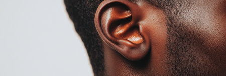 Highlighting a clean and healthy ear of a black man, emphasizing the significance of good auditory health and the vital role of hearing in overall wellbeingの素材