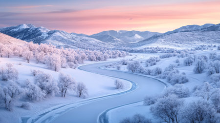 Mesmerizing winter landscape unfolds, showcasing a frozen river meandering through snow covered hills, under a soft pink and purple dawn skyの素材