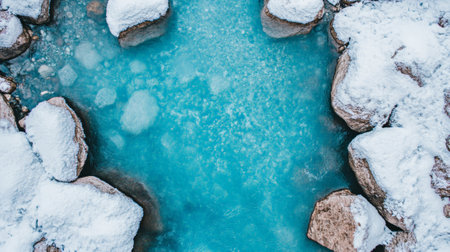 Turquoise water flows through snow covered rocks in a winter landscape, creating a stunning contrast between the cold snow and warm colors of the waterの素材