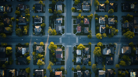Aerial view of a residential neighborhood showcasing a grid pattern of houses, crossing roads, and green trees, creating an organized and inviting community atmosphere during daytimeの素材