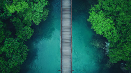 Aerial view of a wooden bridge crossing a river with turquoise water surrounded by lush green vegetation, creating a harmonious blend of nature and infrastructureの素材