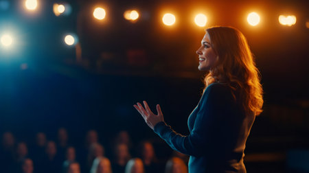 Businesswoman delivering an engaging presentation at a corporate event, captivating the audience while sharing valuable expertise under warm stage lights, fostering connection and inspirationの素材