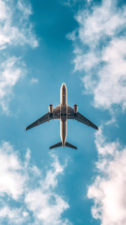 White passenger airplane flying high in beautiful blue sky with white clouds, symbolizing international travel, tourism, and business connectionsの素材